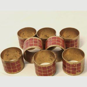 Pier 1 Vintage Brass with Red Enamel Napkin Rings Holder set of 8